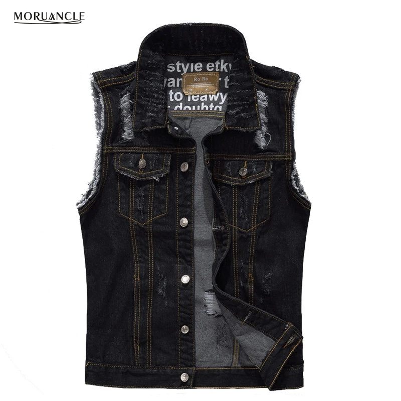 

MORUANCLE Fashion Men's Ripped Denim Vest Slim Fit Distressed Sleeveless Jeans Jacket For Man Black Waistcoat Size M-XXXL