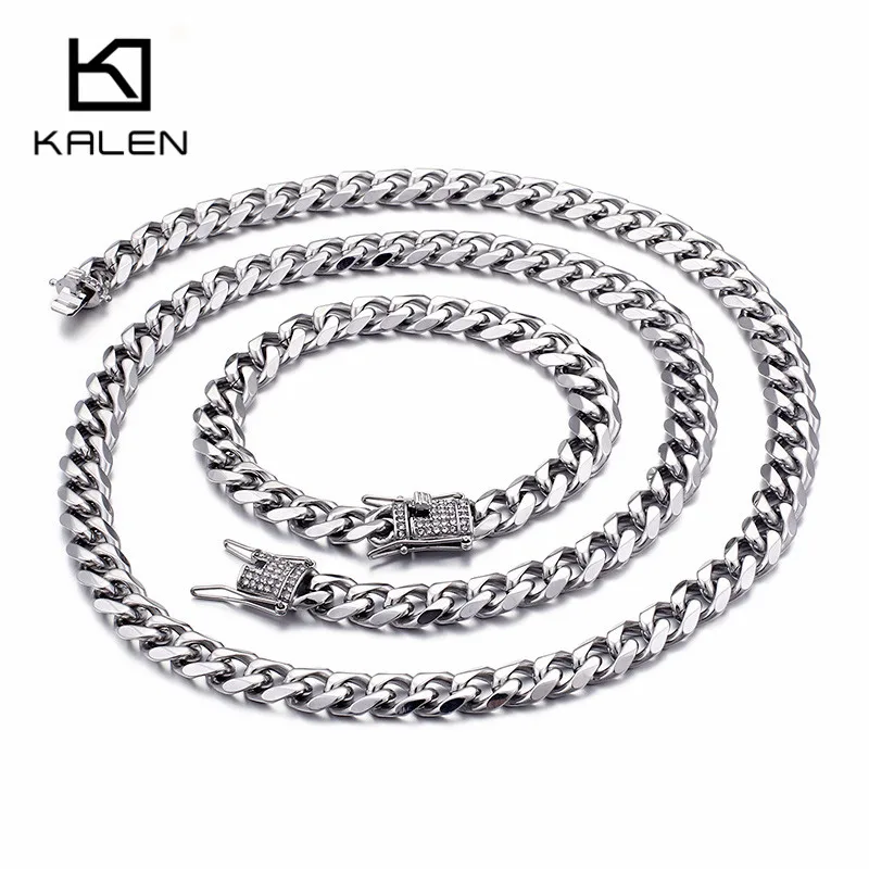 

KALEN Unisex Silver Stainless Steel Statement Jewelry Sets Fashion Rhinestone 76cm Long Chain Necklace & Link Chain Bracelet Set