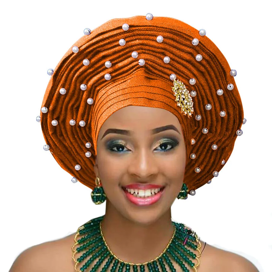 Aso oke головной убор с бисером aso oke нигерийский головной убор aso ebi африканский геле Авто геле Африканский головной убор - Цвет: orange