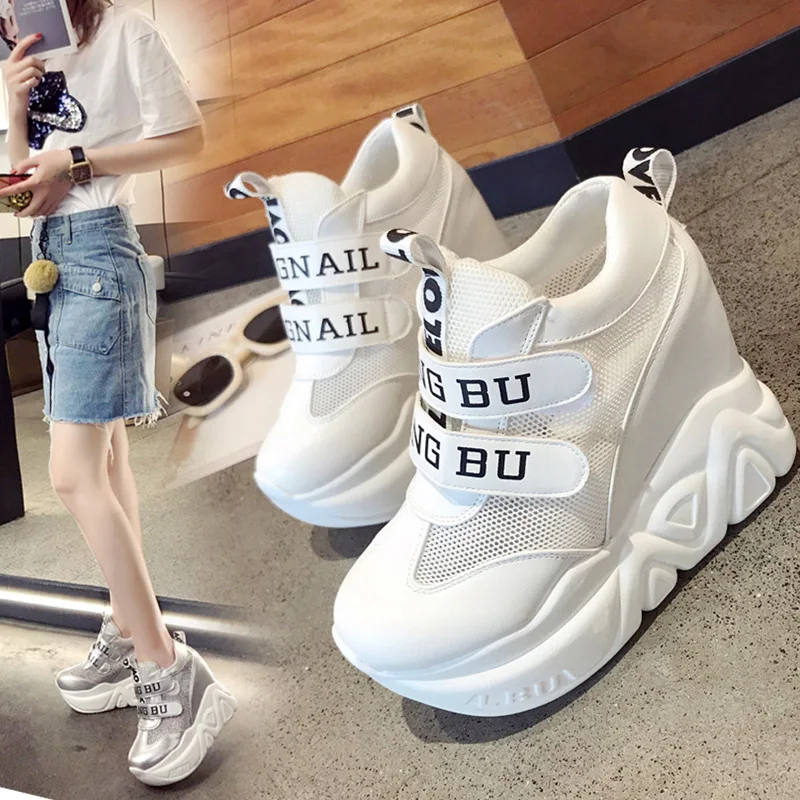 

2019 Summer Breathable Mesh Sneakers 10CM Heels Wedge Women Casual Shoes Comfortable High Heels Autumn High Platform Shoes Woman