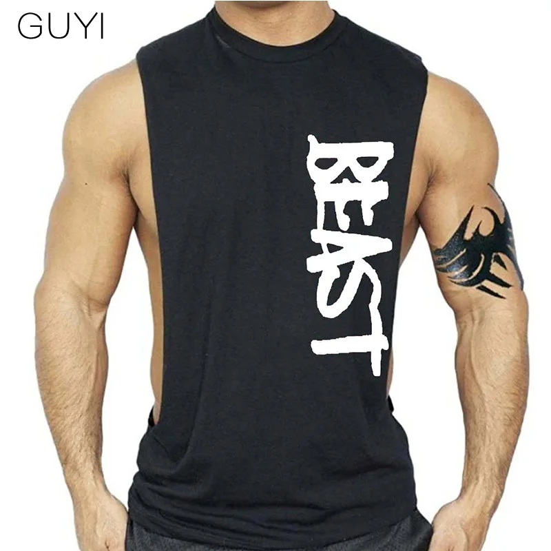 

GUYI 3 Colors 'BEAST' Letter Print Bodybuilding Stringer Tanks Men O-Neck Sleeveless Vest Fashion Fitness Muscle Gymwear Tanks