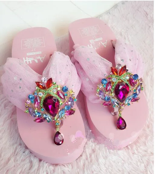 

Summer new hand-sewn yarn luxury diamond thick sole with flip-flop color jewel muffin slippers 34-44