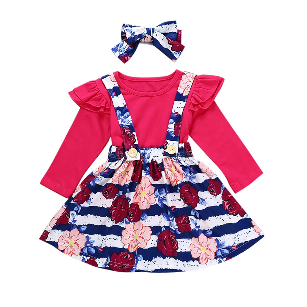 

Top Selling Fashion Kid Cloth Girl Children Long Sleeve Ruffle Top T-shirt+Flower Print Strap Dress+Hair Band Outfits Cloth