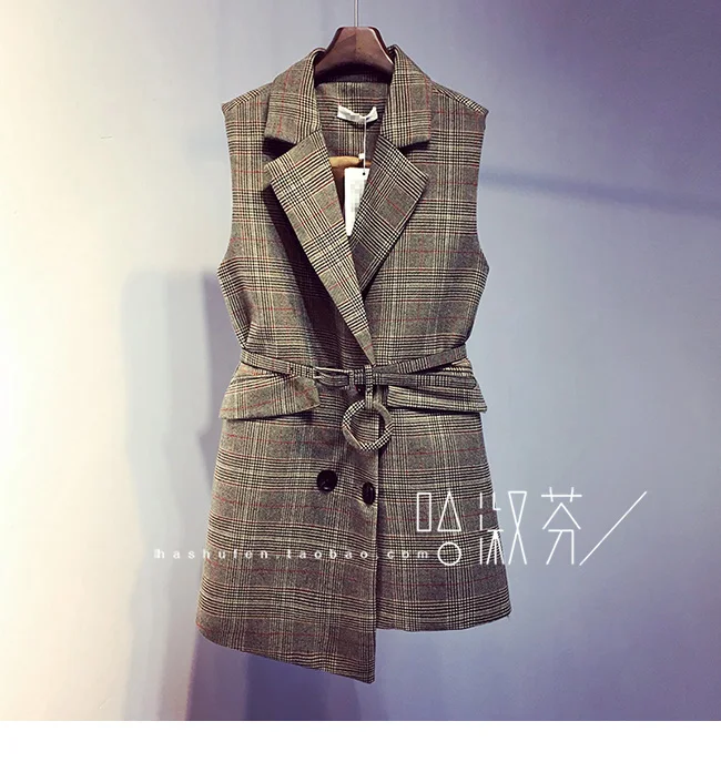 Весна корейский костюм клетчатый жилет средней длины двубортный ремень пальто без рукавов Блейзер W1626