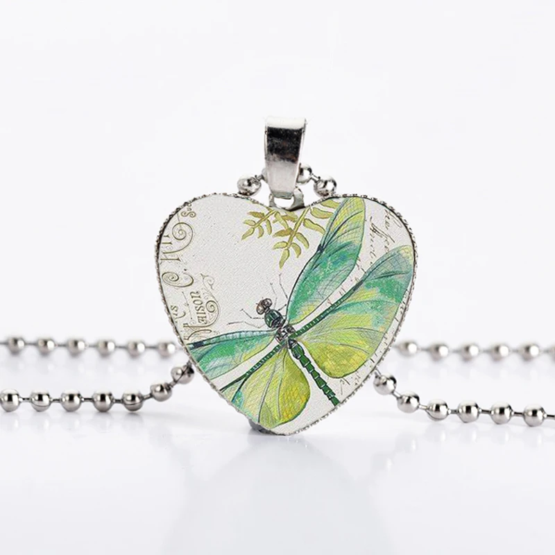 Photo Cabochon Glass Silver popular Chain Pendants Necklace Art dragonfly