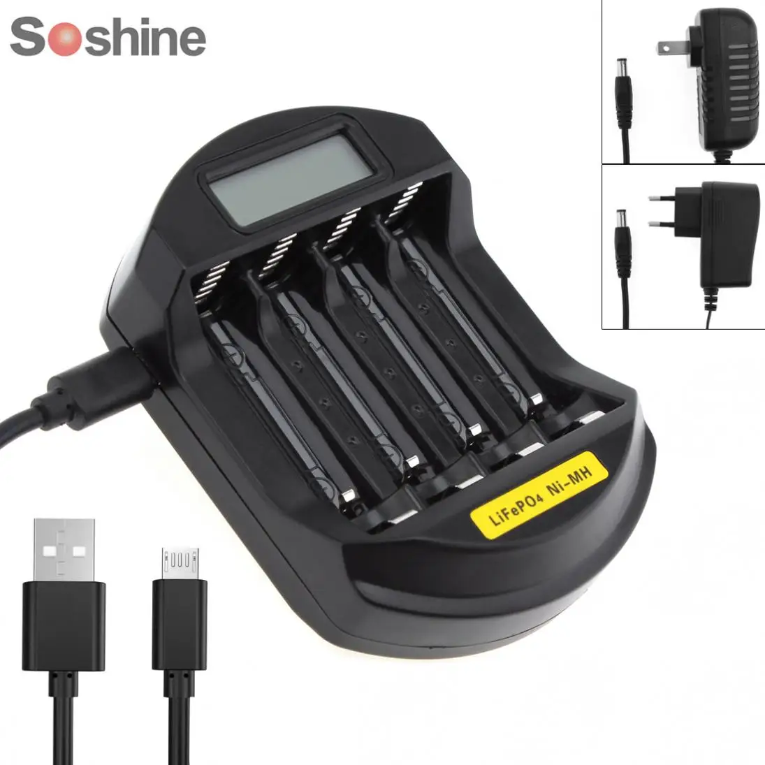 Soshine LCD Display LifePO4 NI MH 4 Slot Intelligent Battery Charger for 14500 14400 AA AAA