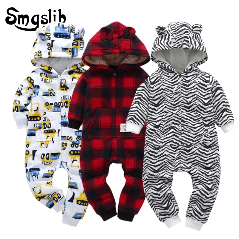 Online Bebé Ropa de invierno ropa de bebé recién nacido niña Niño Pantalones con capucha de peluche de Mono para niños de bebé de lana de coral pijamas de Navidad