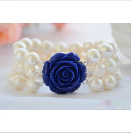 

P4778 3row 8" 12mm almost round white screw thread freshwater pearl bracelet@^Noble style Natural Fine jewe FREE SHIPPING