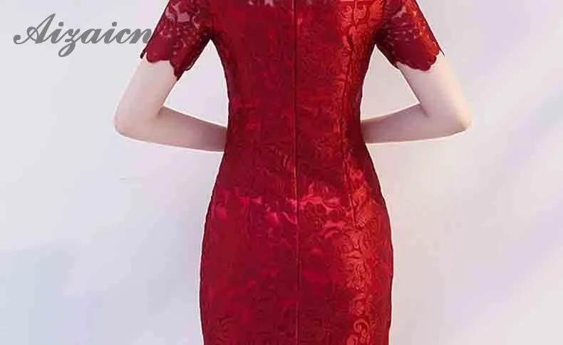 Красный кружево Длинные Cheongsam современный Chinoise Платья для вечеринок Qi Pao для женщин Китайский вечернее платье Мода Тонкий Qipao Женская Роба в