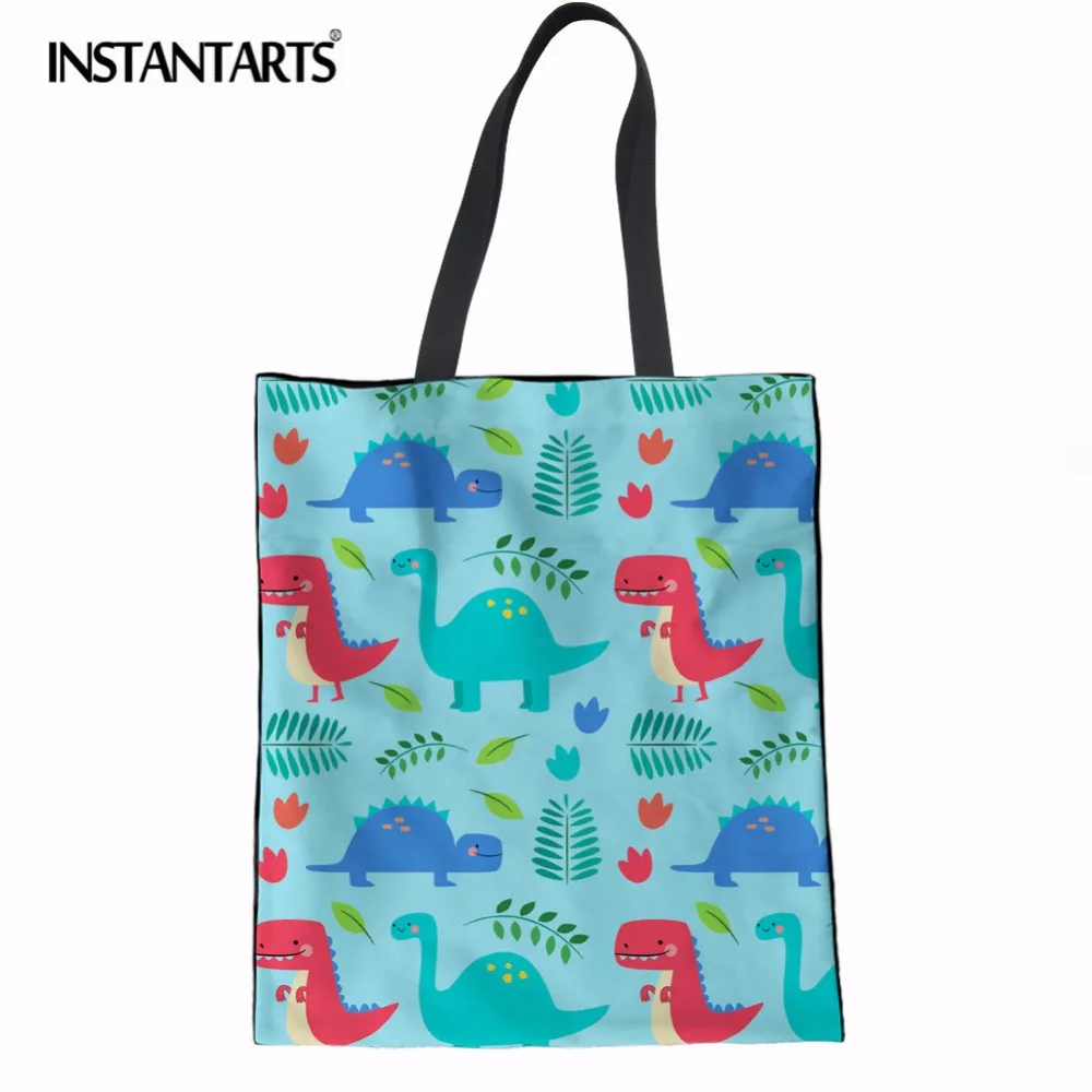 INSTANTARTS Cute Cartoon Dinasour Design Shopping Bag Durable Linen 