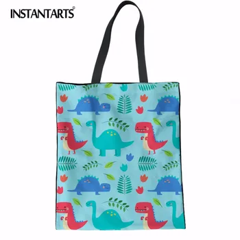 

INSTANTARTS Cute Cartoon Dinasour Design Shopping Bag Durable Linen Tote Shoulder Bag Casual Canvas Travel Cloth Pouch Feminina