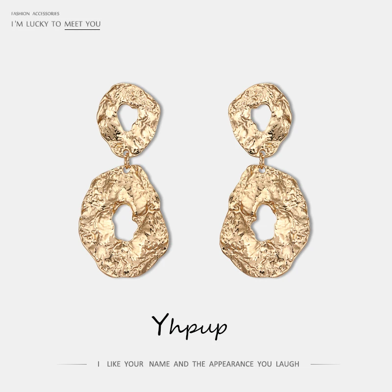 

Yhpup New Fashion 2019 Big Punk Metal Drop Earrings Gold Silver Double Irregular Round Earrings For Woman Accessories Pendientes