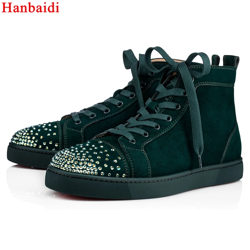 Hanbaidi 2018 brand mens sneaker High Top Men's Sneakers Round Toe Studded Rivets Spikes Shoes Lace Up Flock Leather 35-46 46 | Обувь
