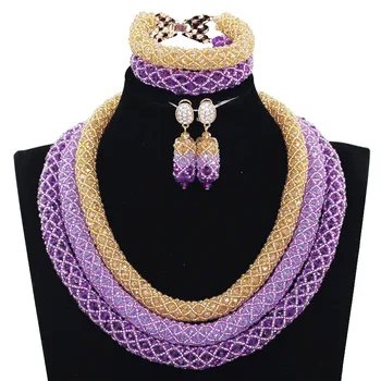 

Elegant Purple and Gold African Women Jewelry Sets Nigerian Beaded Party Crystal Bridal Beads Necklace Set Free Shipping WE141