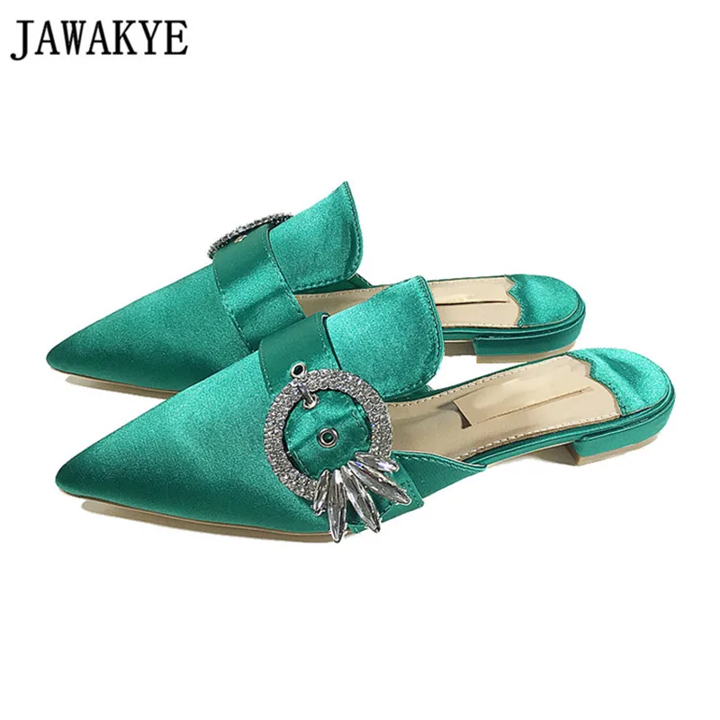 

Spring summer silk Slippers women green wine red flat heel Shoes crystal embellished Pointed Toe flip flops outdoor lazy mules
