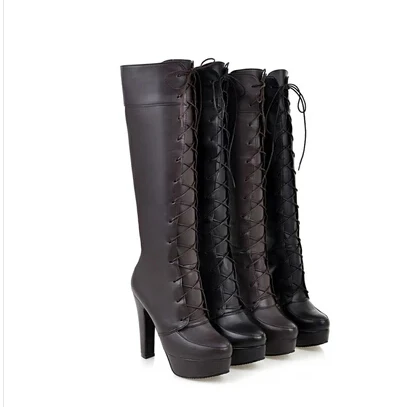 

2016 autumn and winter lace with high-heeled boots waterproof boots high heel stovepipe boots thick thick boots with women