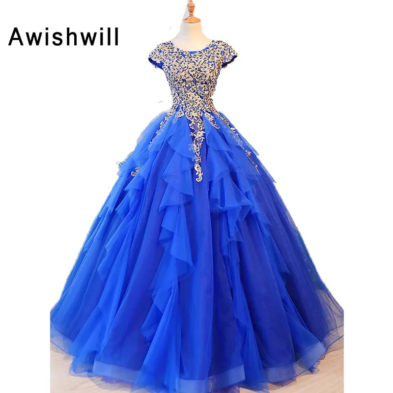 windsor prom dresses Floor Length Blue Prom Dresses Short Sleeves Lace-up Back Applique Beaded Ball Gown Vestidos Debutante Robe Special Occasion long sleeve prom & dance dresses