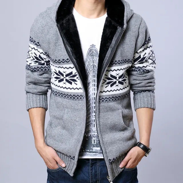 2018 Men Fleece Hooded Knit Sweaters Christmas Snowflake