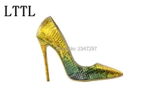 Classic Snakeskin Style Thin High Heels Gold Green Mixed Color Women Pumps Embossed Leather Lady Shoes Sexy Party Stiletto Shoes