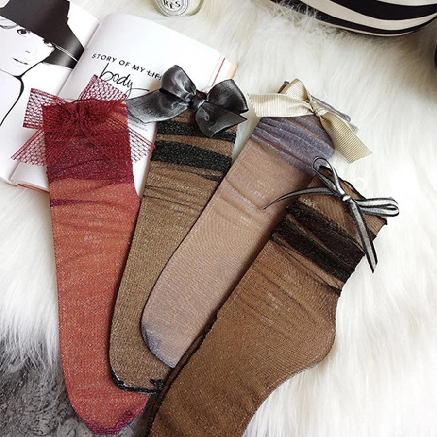 Блестящие сетчатые женские носки Модные Цветные носки с бантом для девочек Meias блестящие мягкие женские забавные носки Harajuku прозрачные эластичные Чулочные изделия