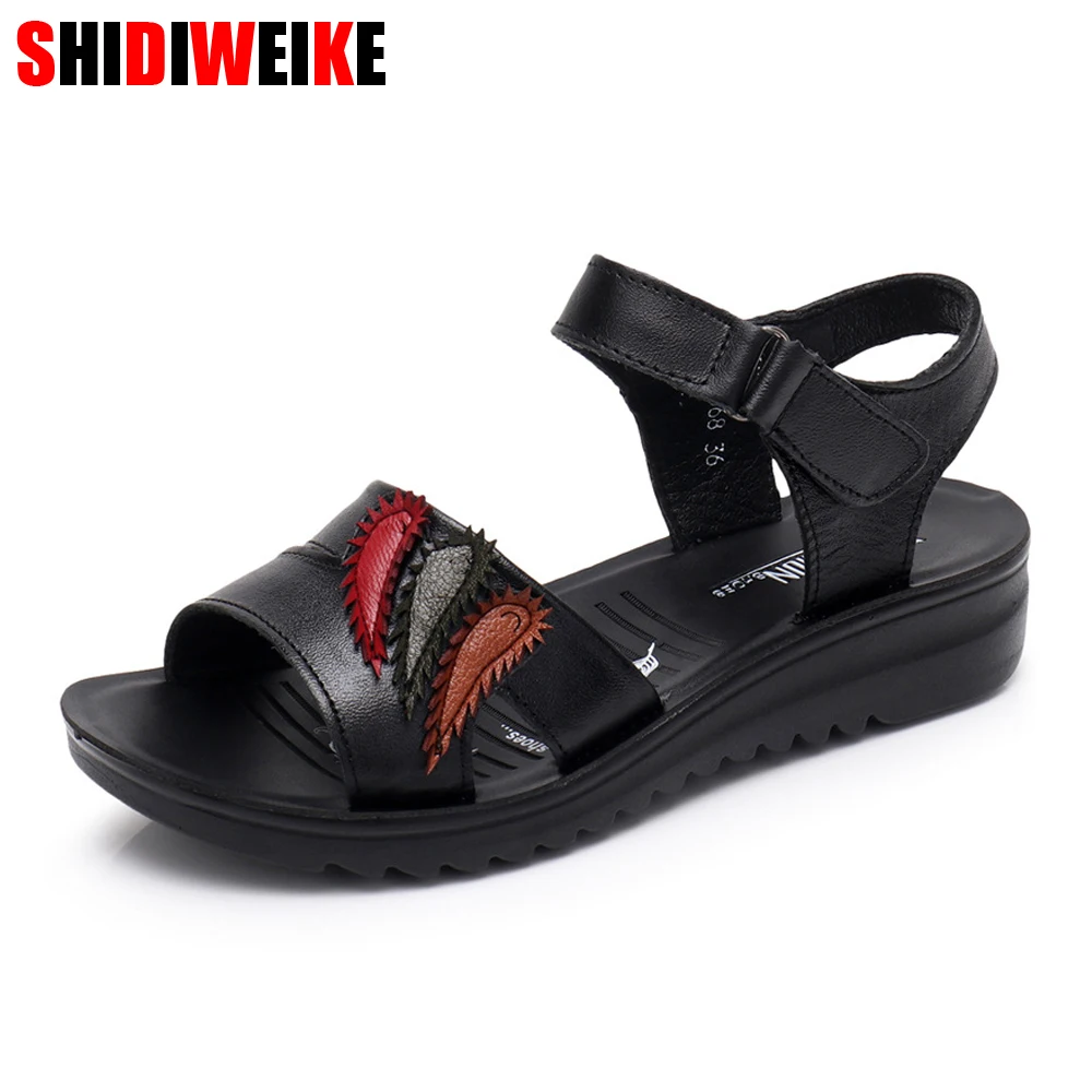 

Women's Sandals 2019 Summer Genuine Leather Handmade Ladies Shoe Leather Sandals Women Flats Retro Style Mother Shoes f628