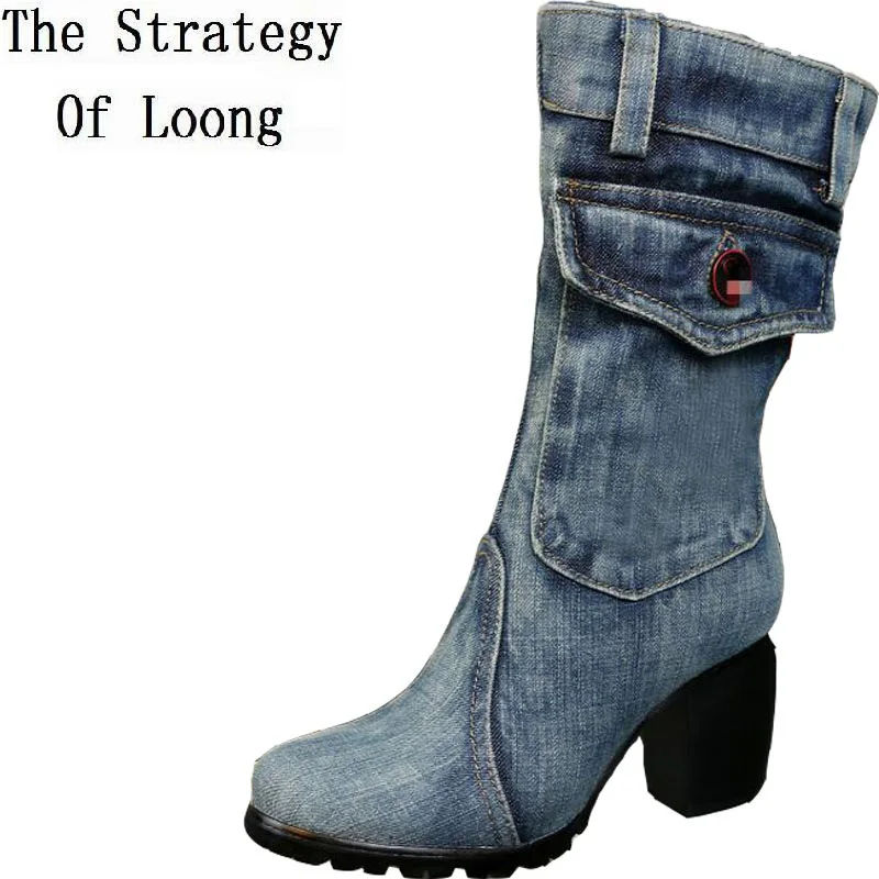 Women Thick Heels Blue Denim Half Boots Lady Winter Short Plush Thick Warm Mid Calf Crystal