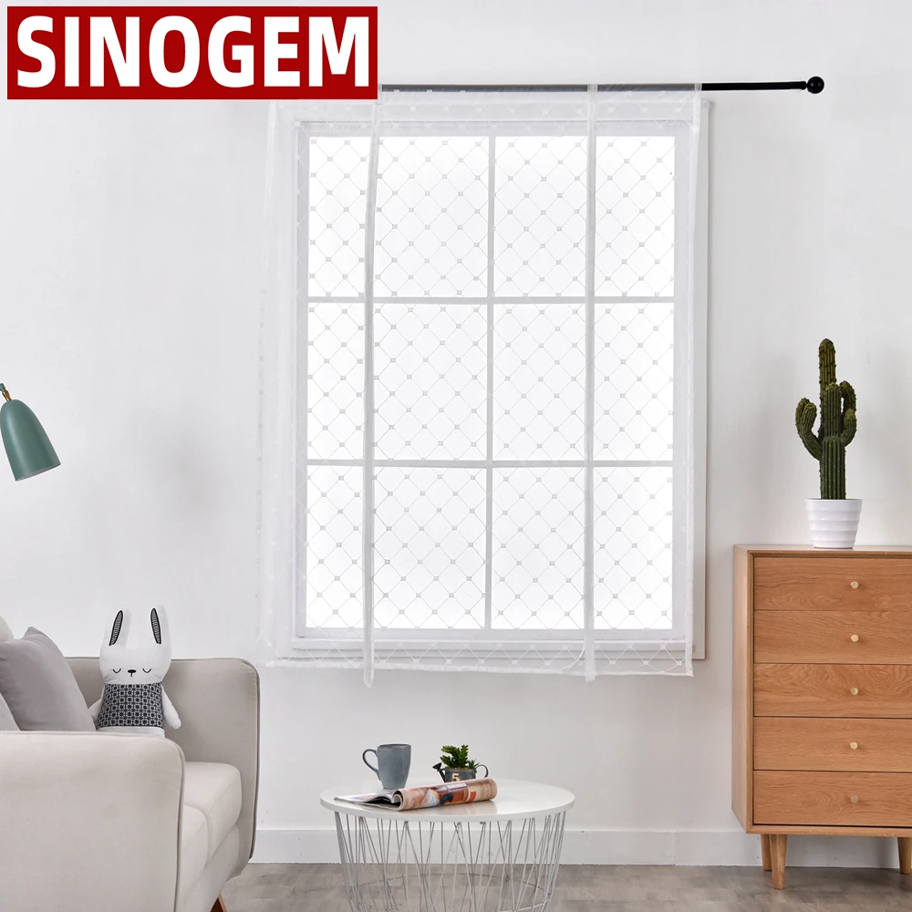 

Plaid Sheer Curtains Square Embroidered White Valance Kitchen Curtain Short Roman Modern Tulle For Windows Treatment Panel