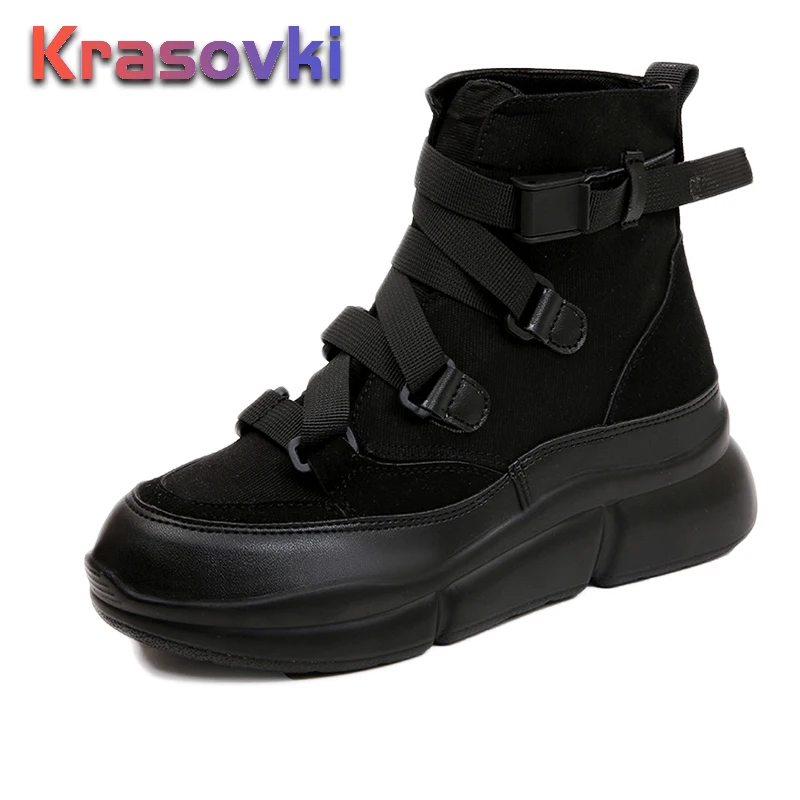 

Kozony 2019 New Arrival Canvas Ankle Boots For Women Hook Loop Platform Boots Fashion Punk Black Boots Flat Shoes Winter Boots