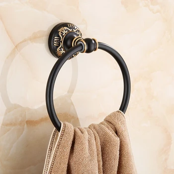

AUSWIND Wall Mounted Black Aluminum Bathroom Towel Holder Bathroom Towel Ring Gold Carved Base Ring Holder Bath Furniture Qw10