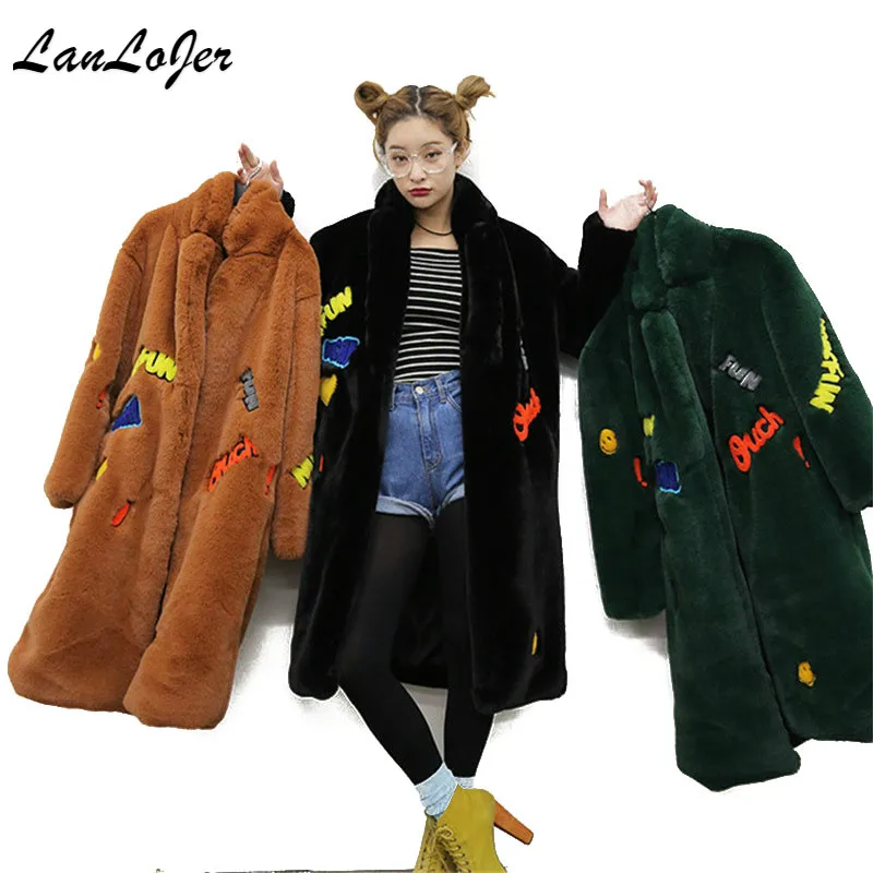 

Chic Imitation Rex rabbit cartoon Smile letters pattern plush long Stand up collar thick coat Faux Fur Windbreaker Long Jacket