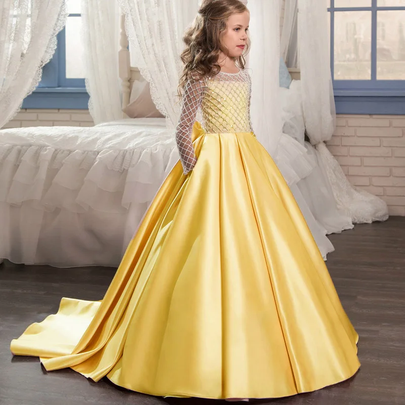 

2019 Summer Lace Long Sleeves Fancy Bow Prom Gown Girl Dress Party Princess Dress Kids Clothes Girl Party Children Clothing