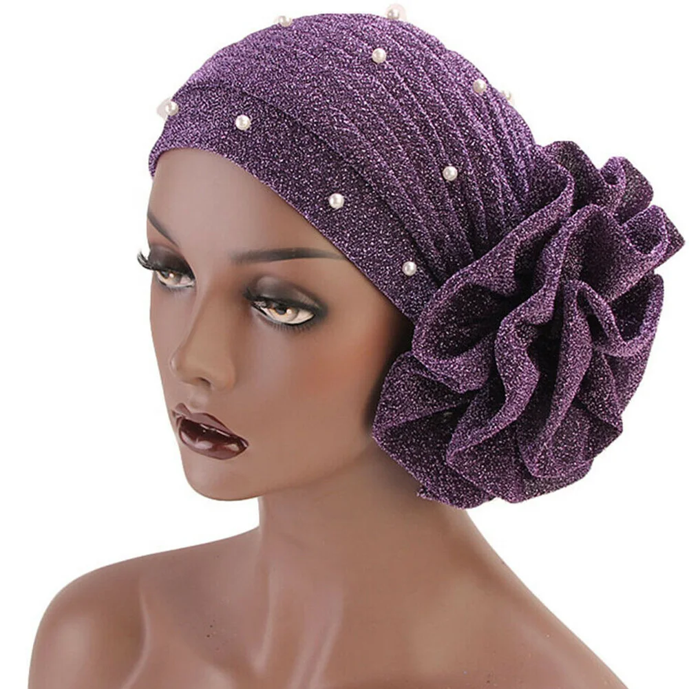 

Muslim Turban Cap Shiny Wrap Soft Stretch Big Flower Hijab Breathable Solid Faux Pearl Decor Women Hat Gift