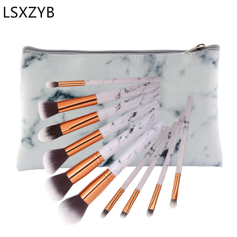 LSXZYB Hot 10 шт. набор кистей для макияжа мраморность косметический с мраморным из PU искусственной кожи на молнии на мешок порошок для век губ Профессиональный подходят для женщин