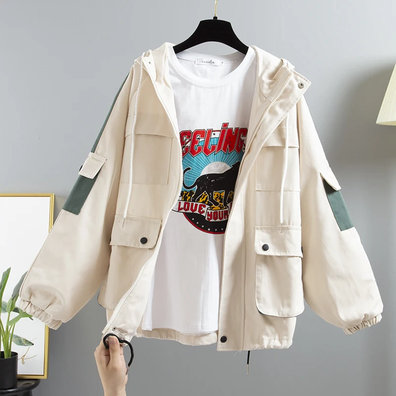 lower price Spring Autumn Outerwear Coat Women Long Sleeve Casual Patchwork Oversize Loose Zipper Windbreaker F