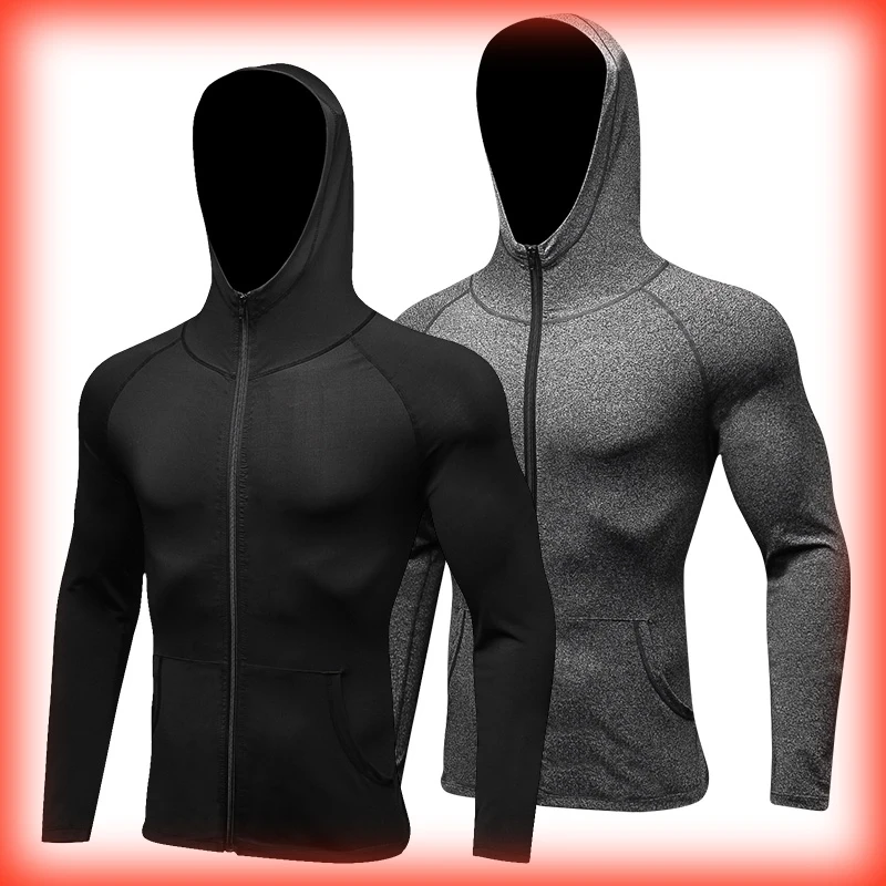 Mens Long Sleeve Compression Sport Hooded Sweatshirt Running Fitness Hoodie Tops