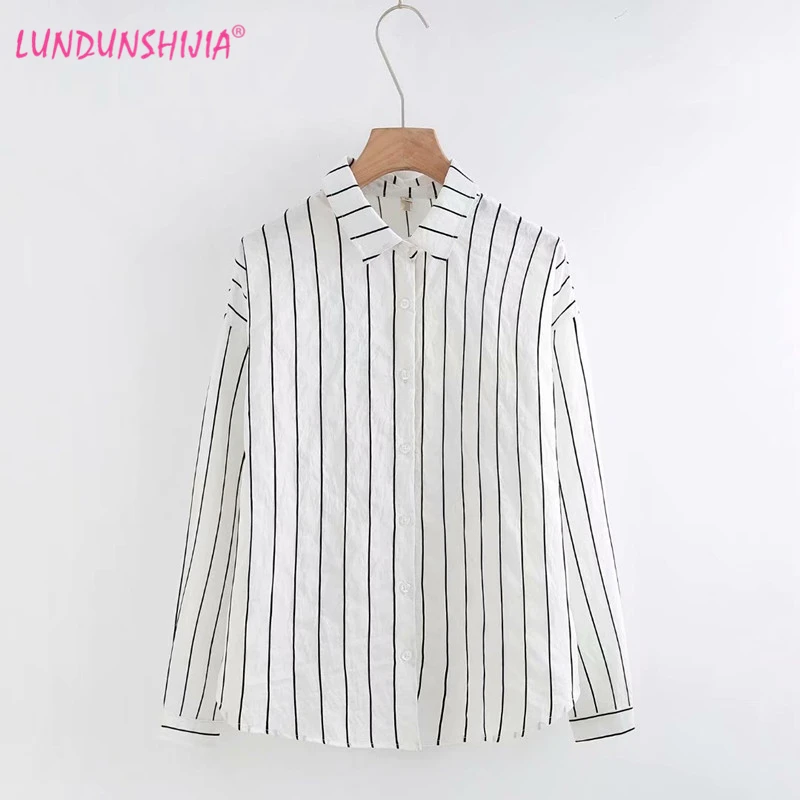 

LUNDUNSHIJIA 2018 New Arrival Spring Autumn Women Long Sleeve Striped 100%Cotton Blouse Ladies White Navy Blue Shirt Tops