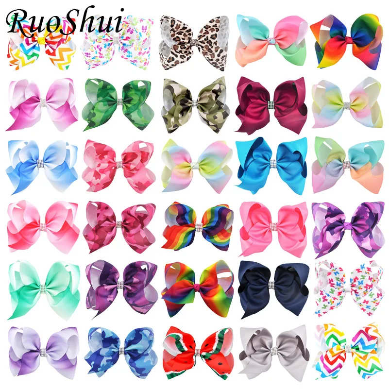8 Inch Women Rhinestone Print Rainbow Hair Bow Clips Big Ribbon