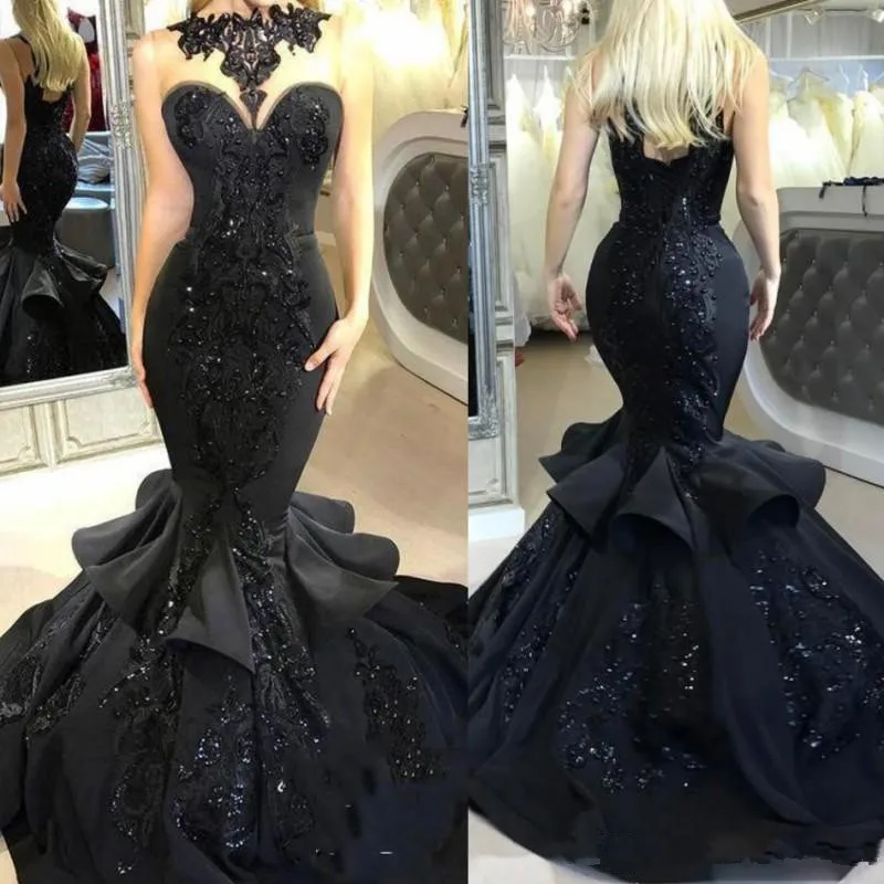 

Black Fish Tail Prom Dresses Sheer Neck Lace Appliques Sleeveless Mermaid Evening Gowns Satin Ruffles Floor Length