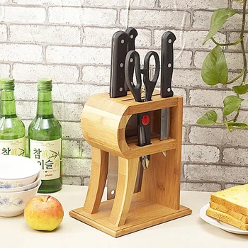 

Creative R-shape Bamboo Knife Block Scissor Sharpener Kitchen Knife Holder Multi-purpose Storage Rack Wood Knife Stand