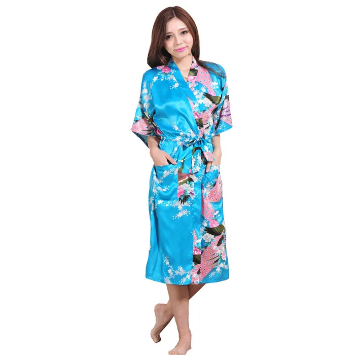 Модные золотые Для женщин Silk район Ночное Sexy кимоно Robe платье цветок Pijama feminino oversize размеры S M L XL XXL, XXXL s001-i - Цвет: Sky Blue