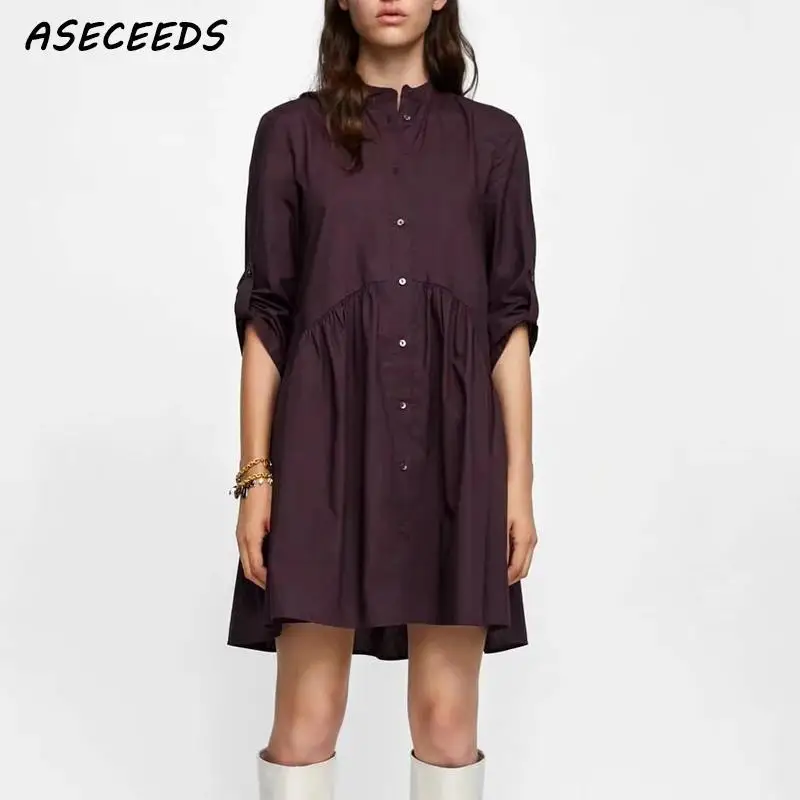 

Vintage Pleated mini shirt dress women summer dress three quarter sleeve office work dress casual korean dress 2019 vestidos