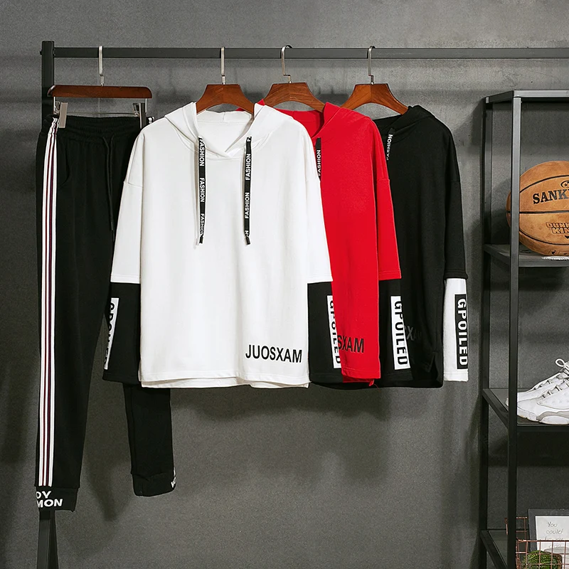 

2019 New arrival Men's Hoodie Two-Piece Set Fake two hoodies and trousers male Spring leisure sports suit