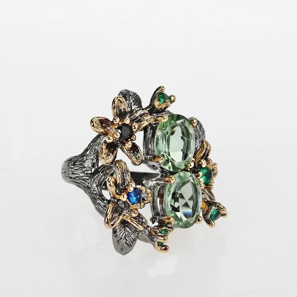 WA11688 green green zircon flower wedding ring women vintage jewelry (4)