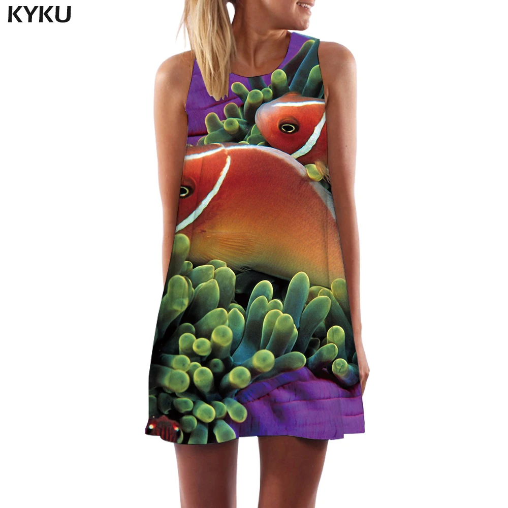 

KYKU Fish Dress Women Jellyfish Office Tropical Short Animal Party Tracksuits Tank Womens Clothing Summer New Cool High Quality