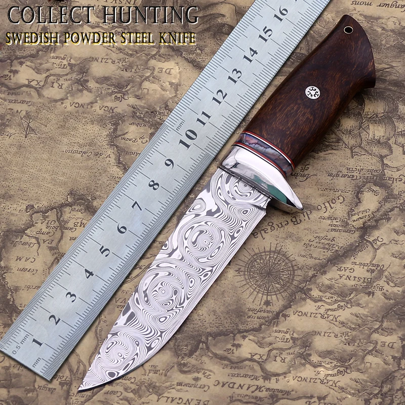 

Custom handmade collection hunting knife Swedish Powder Damascus Steel(Rose pattern) Desert ironwood handle fixed blade knife