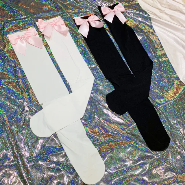 Kawaii Lolita Pink Bow handmade Knee Stockings  2