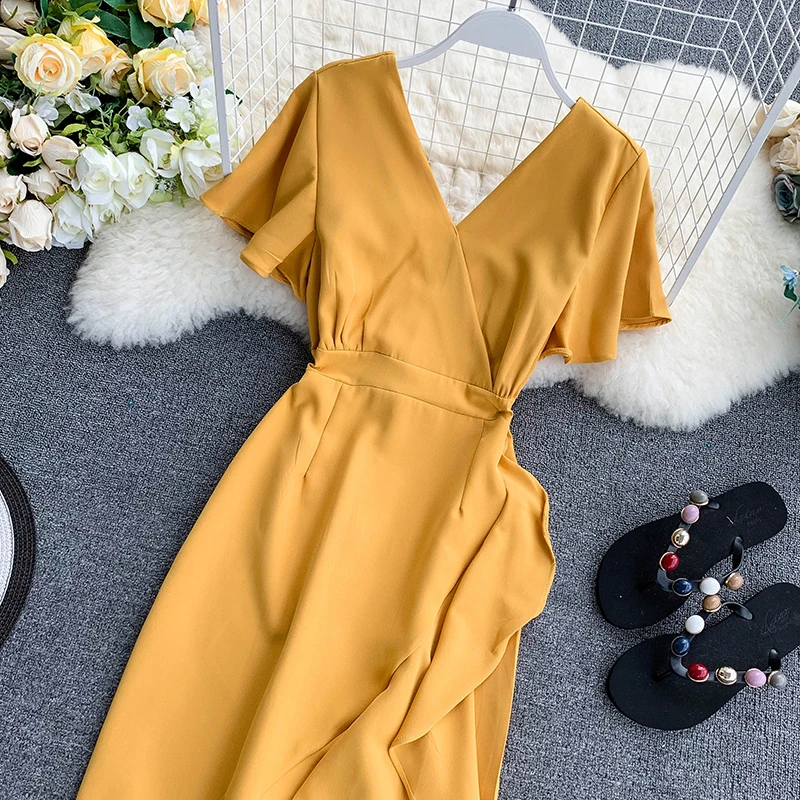 Asymmetrical Ruffles V Neck Elegant Midi Dress