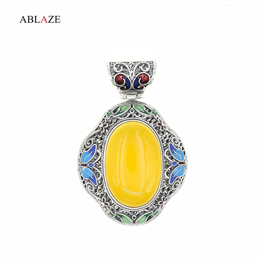

Quality 925 Sterling Silver Pendants Big Statement Natural Gem Crystal Jade Emerald Enamel Vintage Fine Jewelry Women Pj013