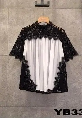 

2019 Summer New Korean Chiffon Stitching Crochet Hollow Lace T-shirts Short Sleeve Leisure T-shirts Elegant Women T-shirts