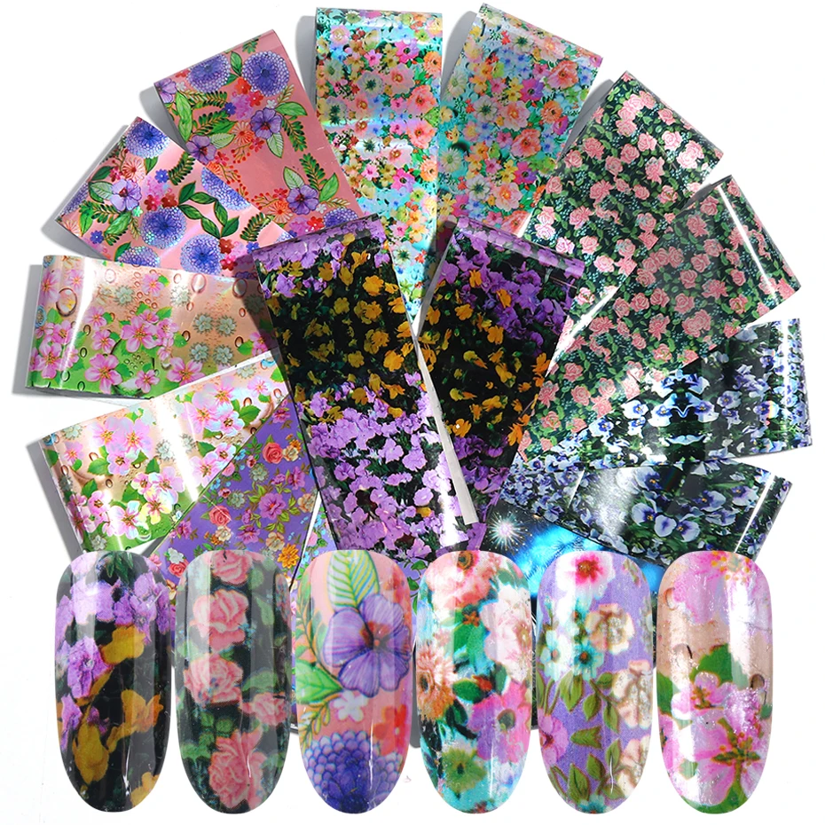 

16pcs 4*20cm Holographic Nail Foil Transfer Decals For Nail Stickers Mixed Summer Flower Designs Nail Art Tips Decoration SA795